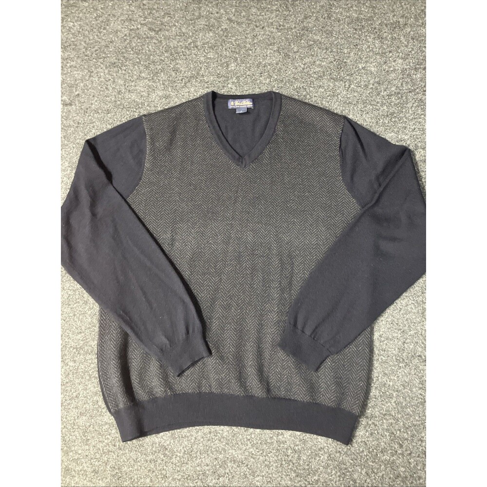 Brooks Brothers Extra Fine Italian Merino Wool V-Neck Sweater Herringbone Grey L